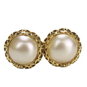 CHANEL Authentic Gold Pearl Logo Earrings